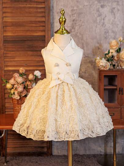 SHEIN Glamorique Kids Đầm dạ hội cho bé gái cổ lưới hoa 3D, đầm màu kem cho bé gái, đầm màu ngà cho bé gái, đầm màu be cho bé gái, đầm màu sâm panh.