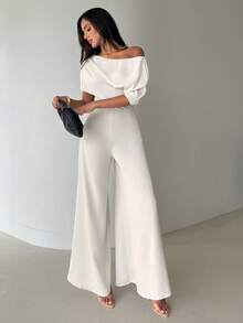 Aloruh Women's New Solid Color Jumpsuit, Oblique Shoulder Design, Wide Leg, Simple & Elegant, Suitable For Commuting, Office Wear - Apricot - View 6