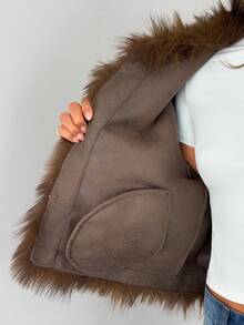 Aloruh Faux Fur Short Jacket, Fashionable Winter Solid Color - Brown - View 8