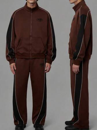 Street Life Men's Contrast Color Stand Collar Zip-Up Hoodie And Drawstring Waist Sweatpants Set