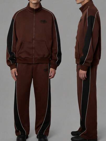Street Life Men's Contrast Color Stand Collar Zip-Up Hoodie And Drawstring Waist Sweatpants Set
