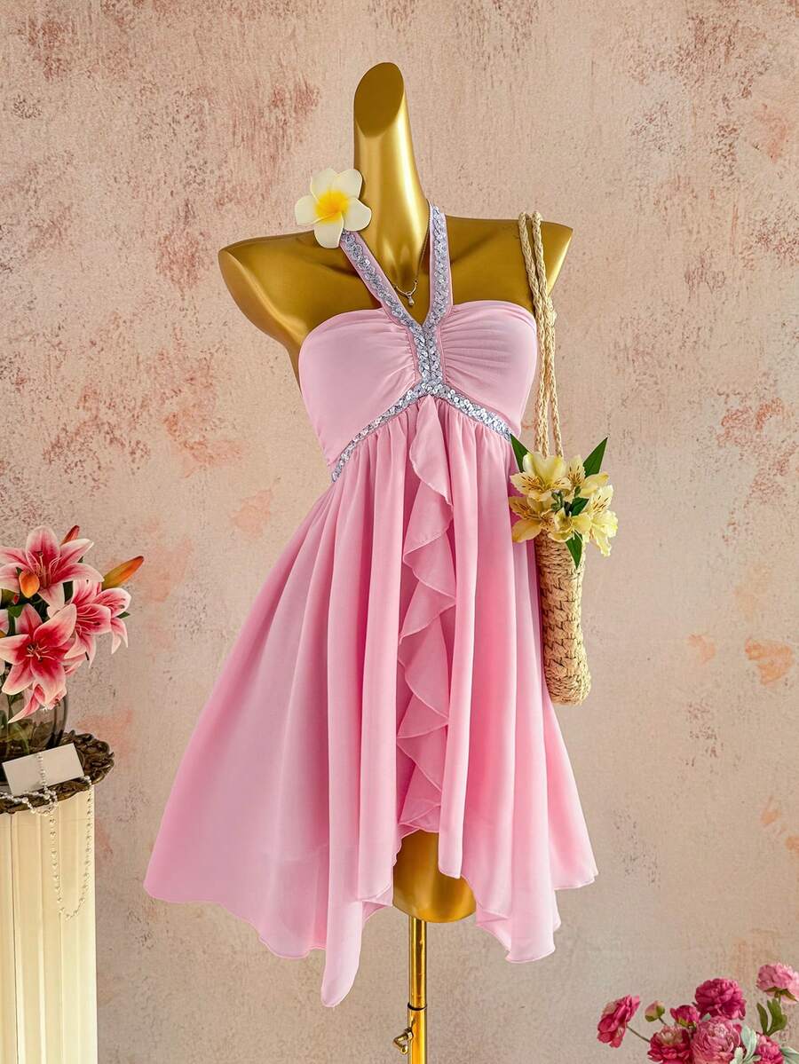 Elamini Women's Elegant Casual Everyday Versatile Party Sequin Ribbon Tie Neck Asymmetrical Hem Pink Short Dress, Spring/Summer - Pink - View 1