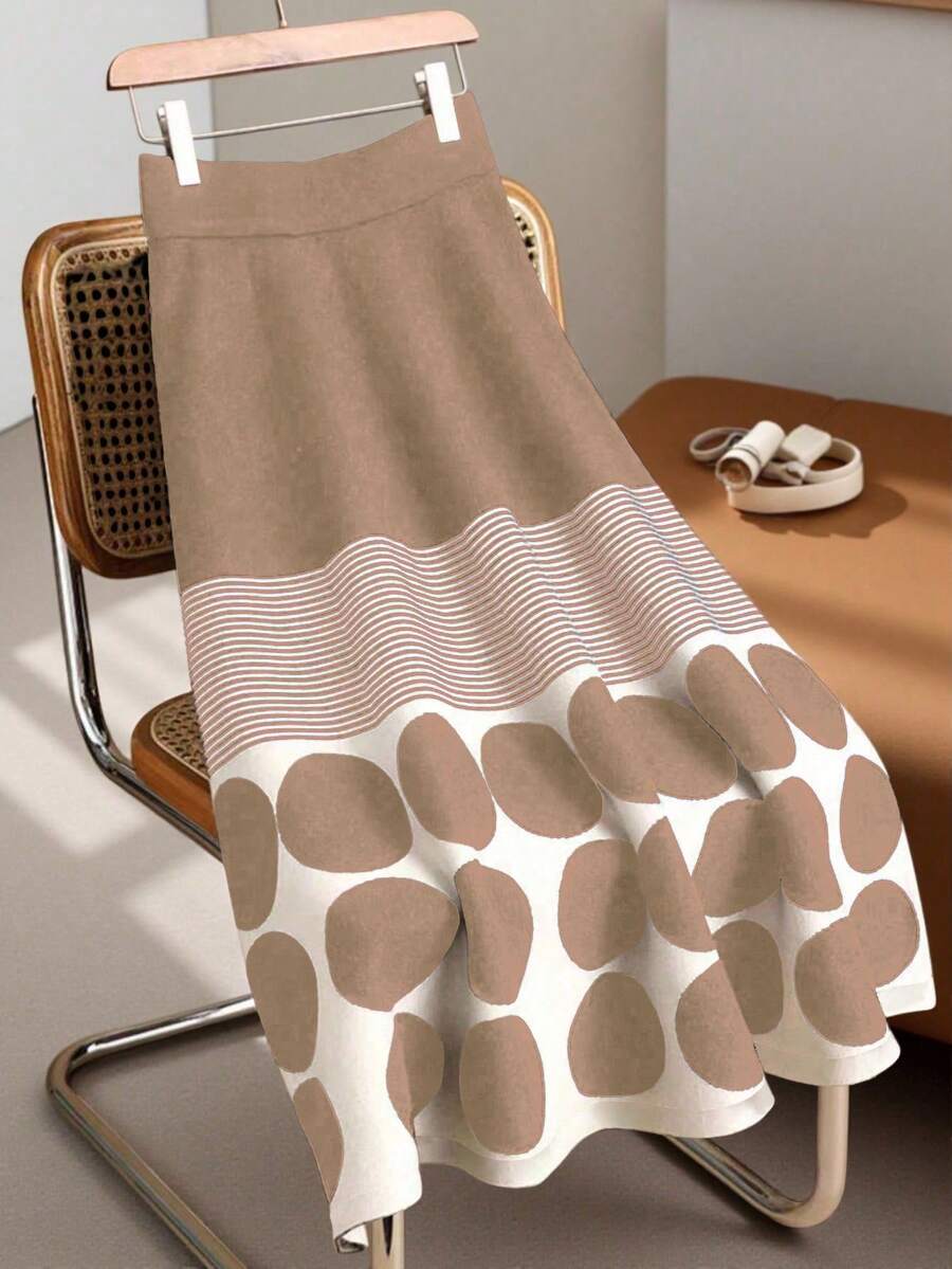 Franclia Elegant Geometric Polka Dot & Striped Long A-Line Knit Skirt, Casual & Versatile For Commuting, Autumn/Winter - Multicolor - View 1