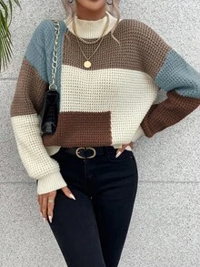 EMERY ROSE 女士撞色落肩长袖休闲宽松套头毛衣，秋冬款 - 彩色 - 查看 5