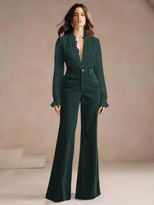 Anewsta 女士灯芯绒长裤，铆钉口袋设计，优雅商务休闲喇叭裤，适合秋冬季穿着 - 軍綠色 - 查看 7