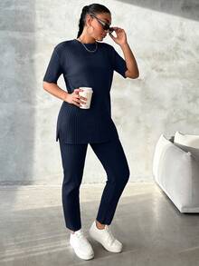 EURMUSE Plus Size Solid Color Minimalist Daily Wear Round Neck Short Sleeve Top And Pants 2-Piece Set - Navy Blue - View 3