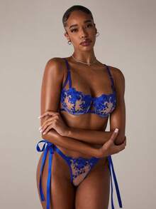 SHEIN BAE Bộ đồ lót ren thêu màu xanh da trời 2 món dành cho nữ - Xanh đậm - Xem 5