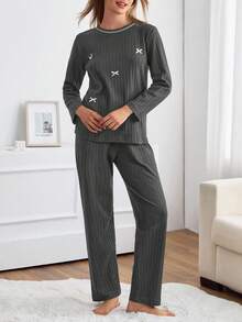 EURMUSE Women Cotton Bows Detail Long Sleeve Shirt&Pants Homewear Lounge Pajama Set - Grey - View 3