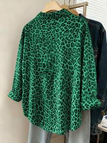 Franclia Camisa holgada de manga larga casual para mujer, con estampado de leopardo, sencilla y versátil para uso diario, otoño/invierno - Verde - Ver 2