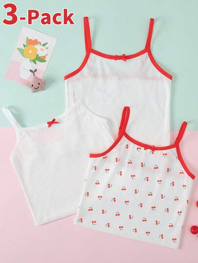 3pcs/Set Girls' Camisole With Heart & Cherry Print, Cute & Simple Design, Cotton Blend Fabric
