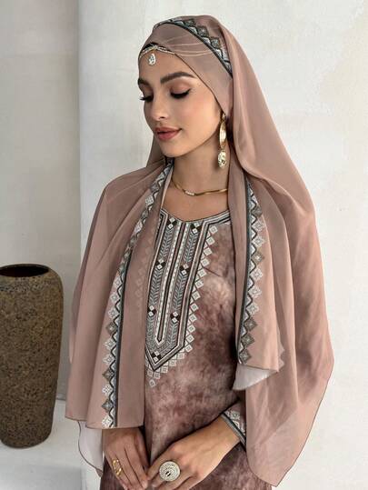 Al Najma Women's All-Over Print Long Sleeve Turkish Kaftan & Arabic Traditional Maxi Dress