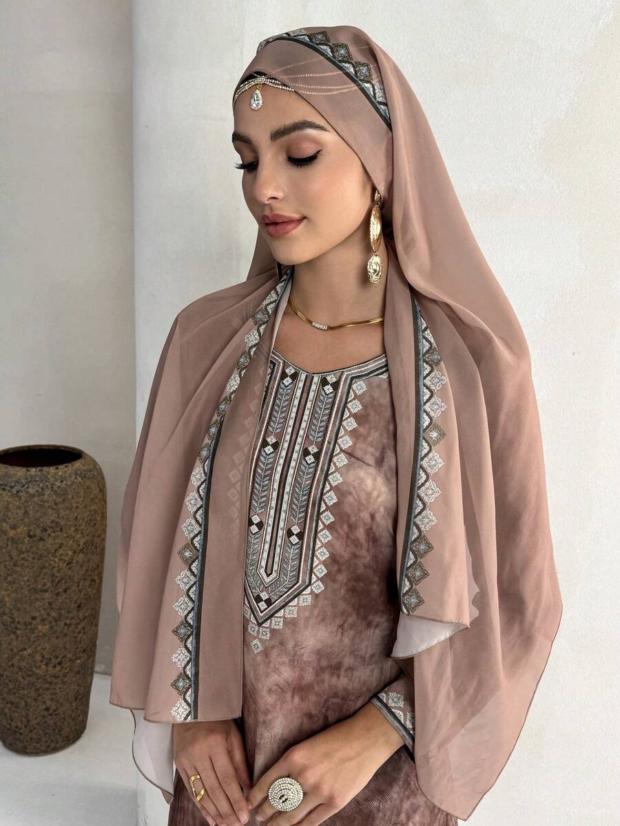 Al Najma Women's All-Over Print Long Sleeve Turkish Kaftan & Arabic Traditional Maxi Dress - Brown - View 1