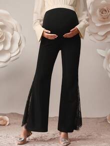 SHEIN Maternity Clothes Maternity Dress Elegant Summer Black Adjustable Belt Lace-Trimmed Casual Flared Pants For Pregnant Women, Elegant Long Pants Breathable  Adjustable Elastic Waistband - Black - View 3