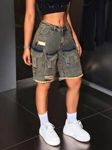 SHEIN Tall Y2K High Waist Slit Tight Sexy Zipper 2 In 1 Women Denim Skirt Pants - Blue - View 4