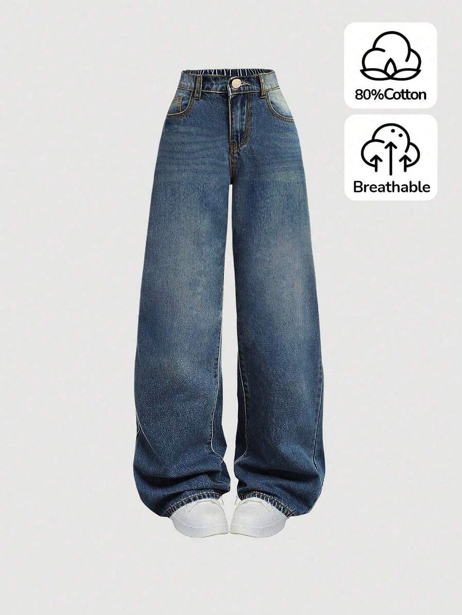 SHEIN Girlism Teen Girl Y2K Loose Fit Casual Denim Pants With Pockets And Wide Legs,Teen Girl Summer Break Clothes Denim Jeans OutfitS.