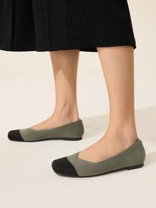 CUCCOO BASICS Women's New French Square Toe Versatile Commuting Minimalist Gray Contrast Knit Breathable Comfortable Flat Shoes - Green - View 2