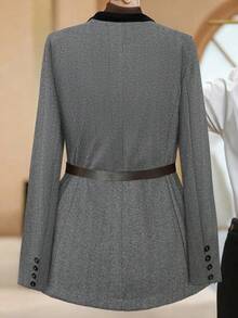 Franclia 大码V领收腰长袖梭织西装外套职业装女装套装女士西装外套女士西装套装灰色阿里女士西装外套职业装女装套装女士西装 - 黑色 - 查看 2