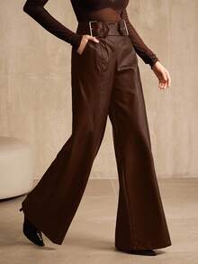 Anewsta Women's PU Leather High Waist Wide Leg Pants, Casual Business Wear, New European And American Style, Suitable For Halloween, Autumn/Winter - Rust Brown - View 7