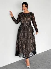 Firerie 大码早春舒适休闲优雅约会派对高档餐厅百搭基础款女式长袖修身弹力连衣裙 - 黑色 - 查看 3