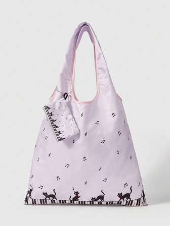 Kawaii Damen Katze Klavier Note Lila Einkaufstasche
