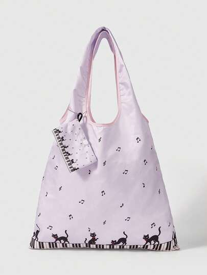 Kawaii حقيبة تسوق بنمط القطة والملاحظات الموسيقية باللون البنفسجي