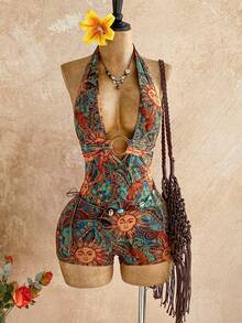 Soleia 女士白色纹理针织露背连体裤，饰有圆形圆环，优雅性感，适合万圣节、圣诞节、度假等场合。 - 棕色 - 查看 8