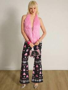 Y2Kool Vecteezy 女士冬季新年圣诞节黑色粉色鱼骨、猫咪、圣诞树、雪花印花修身弹力性感Y2K派对假日裤喇叭裤阔腿裤印花裤圣诞裤像素艺术裤锐舞裤喇叭裤时髦裤图案裤辣妹图案裤喇叭裤春季女士生日嘉年华 - 彩色 - 查看 3