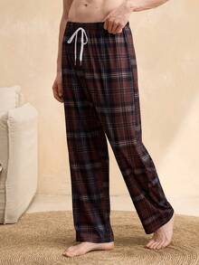 EverLounge Quần dài nam in họa tiết kẻ caro, kiểu dáng thường ngày, thích hợp mặc ở nhà. - Cà phê nâu - Xem 3