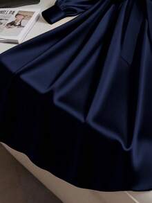 Franclia Women's Elegant Deep V-Neck Bowknot Midi Dress Navy Blue Elegant Dress Royal Blue Elegant Dress Women Long Sleeve Elegant Dress Silk Dresses Satin Dress Elegant - Navy Blue - View 4