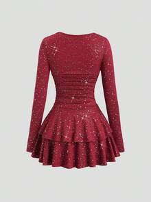 SHEIN PETITE Đầm ngắn tay dài lệch vai đính sequin lấp lánh với viền bèo nhún, điểm nhấn ánh kim, thích hợp cho mùa xuân và mùa thu. - Màu Đỏ Sâu - Xem 2