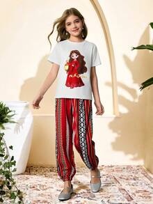 Ensemble t-shirt à manches courtes blanc et pantalon de jogging avec imprimé de personnages de dessin animé pour la période du Ramadan, pour les jeunes filles - Multicolore - Voir 9
