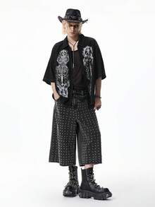 ROMWE MEN Street Life 男士铆钉装饰水洗牛仔短裤 - 深灰色 - 查看 8