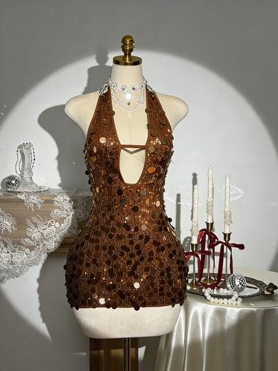 Elamini Vestido mini de fiesta sexy con cordones y cuentas para mujer, otoño/invierno