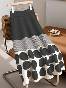 Franclia Elegant Geometric Polka Dot & Striped Long A-Line Knit Skirt, Casual & Versatile For Commuting, Autumn/Winter - Multicolor - View 3