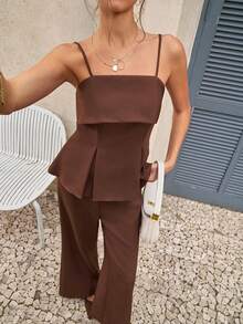 Cévolie Women's French Style Elegant Camisole Top And Wide Leg Pants Set, Casual Vacation Outfit, Spring/Summer - Brown - View 5