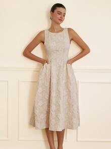 Aveloria EMERY ROSE Đầm midi không tay, chất liệu jacquard mới, có túi ở eo. - Màu be - Xem 4