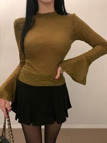 DAZY Women's Textured Fabric Fitted Long Sleeve Flare Cuff Crew Neck Sexy Elegant T-Shirt Going Out Tops Women - Ginger - View 4