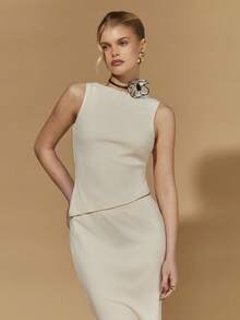 COSMINA 女士优雅不对称针织无袖两件套，适合办公室、通勤、外出、派对、婚礼宾客等场合 - 杏色 - 查看 4