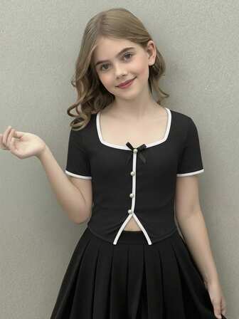 Firerie Kids Firerie Kids 少女针织金属纽扣亮片蝴蝶结装饰修身短袖T恤，圆领，适合夏季度假