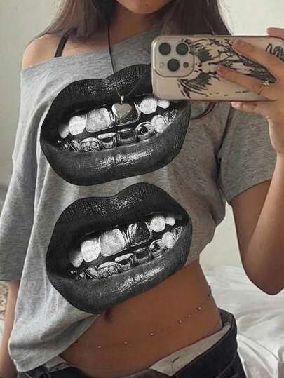 Muchica Casual Minimalist Lip Print Off-Shoulder Loose Short Sleeve T-Shirt For Women Spring