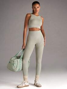 SHEIN BAE Bộ đồ tập yoga thể thao cổ tròn và quần legging có gân cho nữ - Màu Xám nhạt - Xem 3