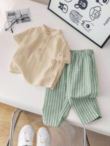 SHEIN 2件套男婴休闲学院风灰色立领衬衫和条纹松紧腰裤套装，适合生日派对、晚宴、演出、婚礼、迎婴派对、一周岁生日庆祝等场合。 - 彩色 - 查看 5