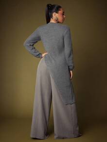 Vixey Heather Grey Round Neckline Long Sleeve Asymmetrical Hem Sweater - Dark Grey - View 4