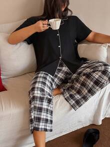 Dream Adore Plus Size Casual Button Decor Plaid Print Short Sleeve Pajama Set - Black - View 6