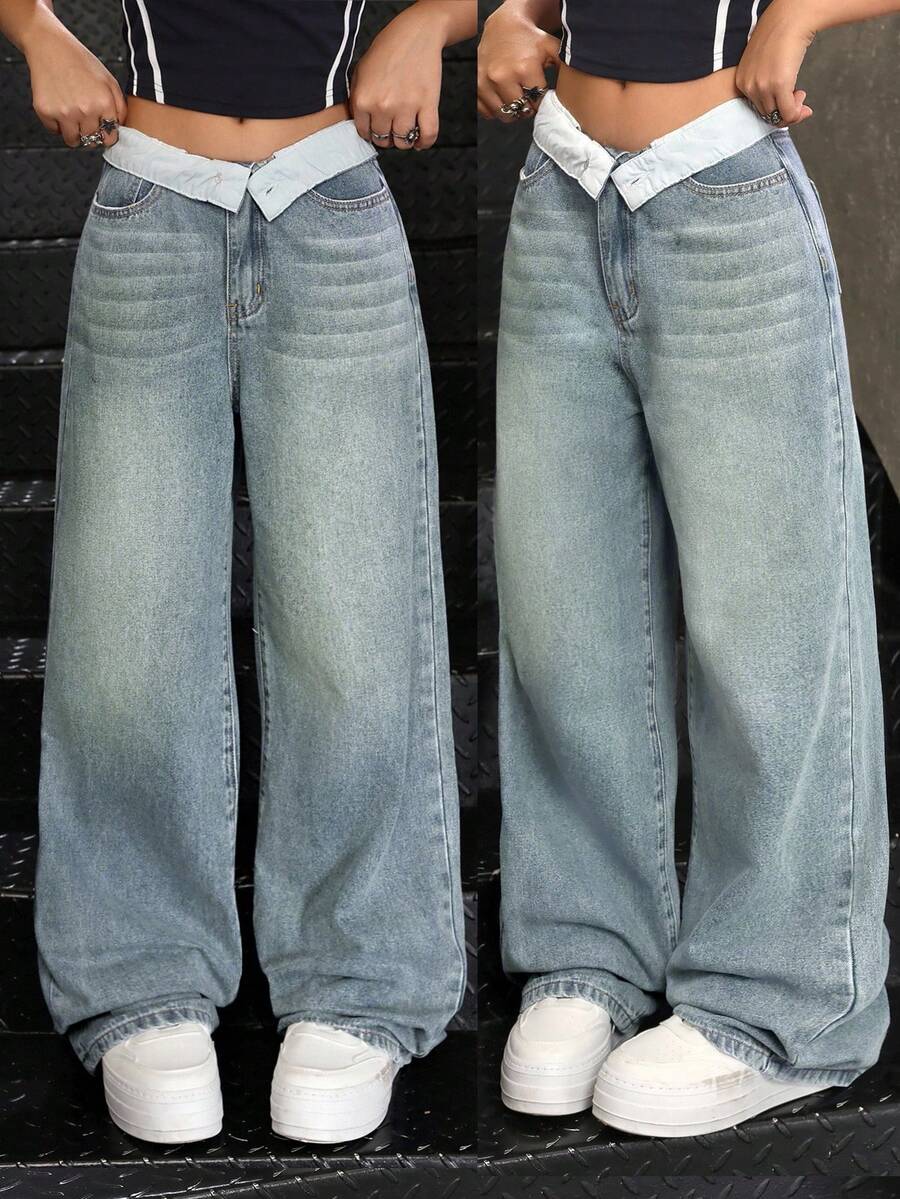 SHEIN Tween Girl Blue Denim Contrast Color Lapel Waist Loose Pants - Light Wash - View 1