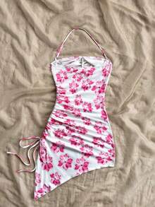 SHEIN Đầm midi ôm sát, kiểu dáng bất đối xứng, cổ yếm, in hoa, dành cho bé gái tuổi teen, thích hợp cho mùa xuân & hè, ngày Valentine, phong cách thanh lịch, màu hồng & trắng/cổ điển. - Hồng - Xem 2