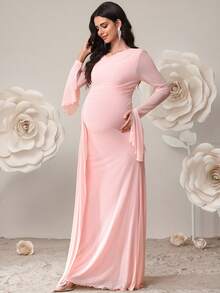 SHEIN 孕妇纯色V领喇叭袖褶皱优雅连衣裙