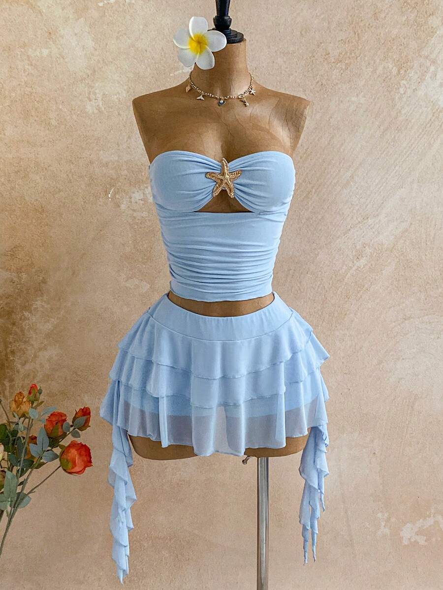 Soleia Women's Vacation Blue Strapless Metal Starfish Bandeau & Lace Mini Skirt 2 Pieces Set Blue Skirt Set Summer Two Piece Set Beach Two Piece Set Summer Skirt Set Summer Spring Valentine's Day Casual Vacation  Beach Wedding Birthday Going Out Elegant Casual Vacation - Multicolor - View 1