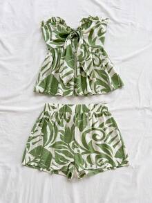 Soleia 女士条纹印花荷叶边下摆扭结前襟无袖露脐上衣和休闲短裤两件套，适合派对、海滩、海边穿着 - 綠色 - 查看 4