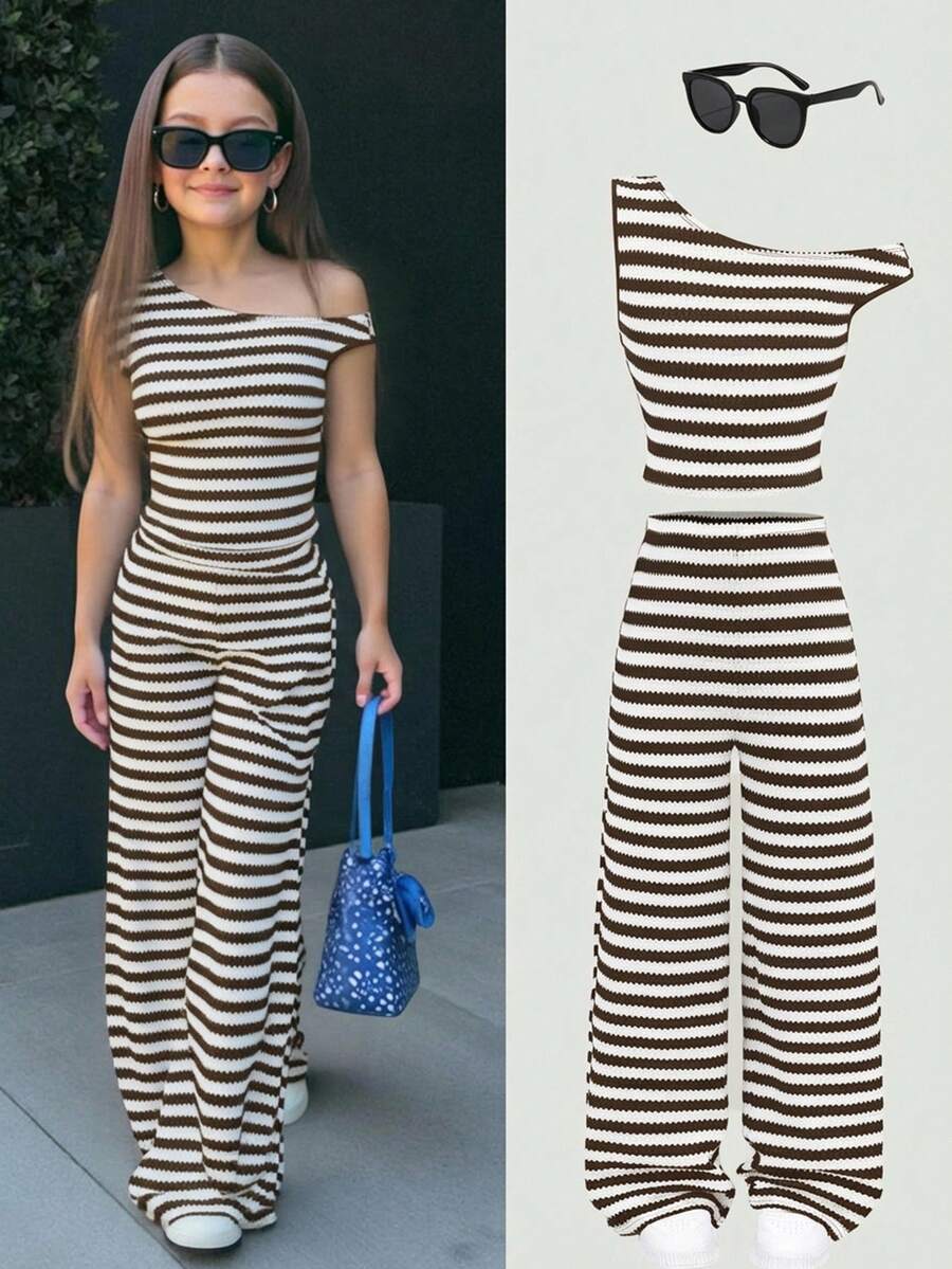SHEIN Tween Girl Casual Asymmetric Textured Brown & White Striped Cropped Off-Shoulder T-Shirt And Pants 2-Piece Set - Brown - View 1
